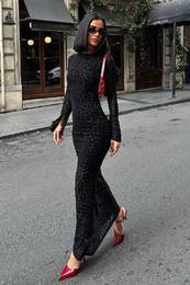 Black Flock Printed Tulle Midi Length Lined Dress