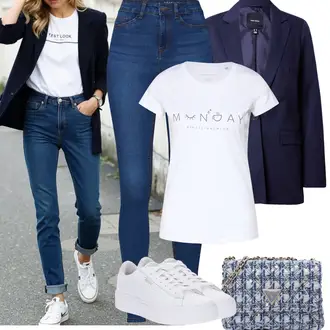 Winter Outfit mit Blau/Dunkelblau/Hellblau Lederjacke/High Waist Jeans/Jeans mit Schlitz/Push up Jeans/Cuir Chaussures/Thermojeans/Winterjacke Noisy may "Frühling outfit"