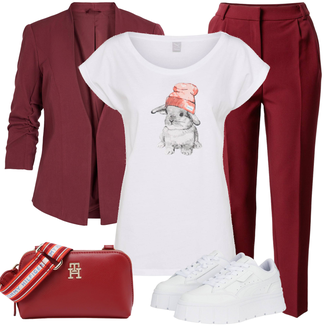Outfit mit Dunkelrot/Rot/Bordeaux Hose Große Größe/Business Hose/Karottenhose/Bügelfaltenhose/Anzughose/High Waist Hose/Musselin Hose/Hose mit Schlitz/Bundfaltenhose/Bundfaltenhose warehouse "Farbliches Frühlingsoutfit"