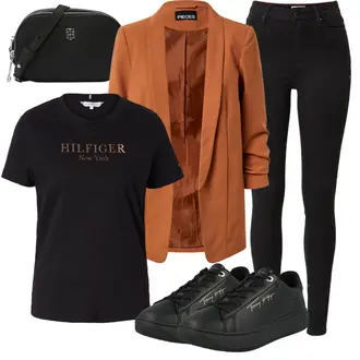 Outfit mit Schwarz Lederjacke/Biker Jeans/High Waist Jeans/Push up Jeans/Leder Schuhe/Thermojeans/Winterjacke Tommy Hilfiger "Schönes Frühlingsoutfit"