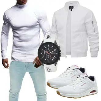 Outfit mit Grau/Weiß/Hellgrau/Khaki Ripstopjacke/Frühlingsjacke/Reflektierende Jacke/Jacke mit Seitlichem Reißverschluss/Coachjacke/Sommerjacke/Nylonjacke/Uniformjacke/Fliegerjacke KEFITEVD "Cool Outfit"