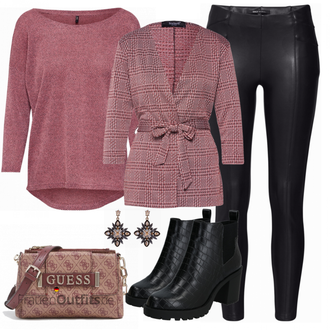 Outfit mit Dunkelrot/Rosa/Lila/Bordeaux 3/4 Bluse/Klassische Tunika/Elegante Tunika/ausgefallene tunika/Festliche Tunika/Lederjacke/Tuniken-Shirt/Bluse Große Größe/Tunika Only "SISTERS POINT"