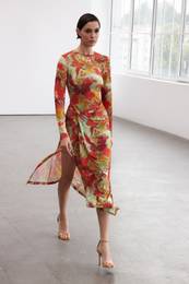 Limited Edition Printed, Fitted, Stretchy Midi Knitted Dress with Tie Detail