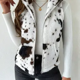 Cow Pattern Plush Zip Up Stand Collar Vest, Casual Sleeveless Slant Pockets Warm Gilet Jacket For Winter & Fall, Women's Clothing
