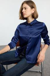 Navy Blue Satin Fabric Regular Regular Pattern Woven Shirt