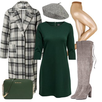 Elegant Outfit mit Grau/Hellgrau/Braun/Beige Overknee Stiefel/High Heels Stiefel/Kniehoher Stiefel/Leder Overknee Stiefel/Langer Stiefel/Spitzer Stiefel/Stiefel Mit Reißverschluss About You "Casual Business Outfit"Look: Uni, Edel, Coole, Elegant, Festlich, Schön, Old Money, Overdressed
