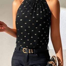 1pc Elegant Sleeveless Blouse For Women, Polyester Fabric With Christmas Bow Pattern, Spring/summer Season, Adult Round Neck Top