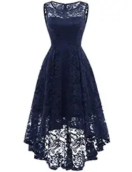 MuaDress 6006 Elegante Abendkleider Cocktailkleider Damenkleider Brautjungfernkleider aus Spitzen Knielange Rockabilly Ballkleid Rund Ausschnitt Marineblau M