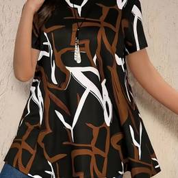 Elegant Random Print Short Sleeve T-shirt For Women - Polyester, Crew Neck, Stretch, All , Knit Fabric, 180 G/m²