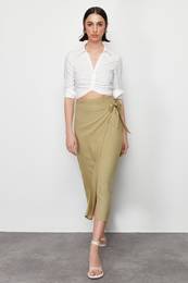Green Tied Double Breasted Closure Maxi Length Woven Skirt with Viscose Fabric