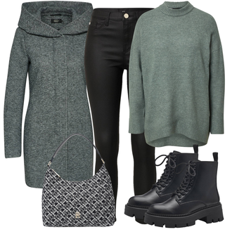Outfit mit Schwarz Lederjacke/Biker Jeans/High Waist Jeans/Jeans mit Schlitz/Thermojeans/Push up Jeans/Leder Schuhe river island "Outfit für den Herbst"