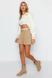 Beige Double-Belt Detail Pleated Mini Woven Skirt