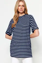 Navy Blue Striped Slit Detail Oversize/Wide Pattern Crew Neck Knitted T-Shirt