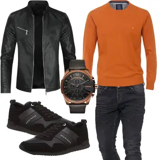 Stehkragen Outfit mit Schwarz Motorradjacke/Vintage Lederjacke/Bikerjacke/Jacke mit Seitlichem Reißverschluss/Leder Bomberjacke/Lederjacke/KunstLederjacke Sliktaa "Alltags Outfit"