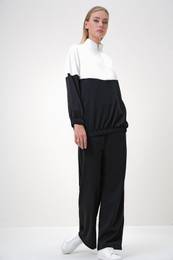 Trend Alaat Stili Women's Black Stand Collar Zippered Color Block Two Thread Top-Bottom Set