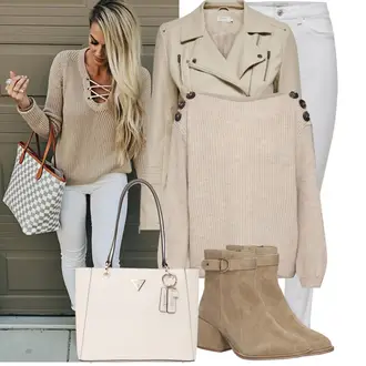 Krásný Outfit s Béžová/Khaki/Hnědá Motorkářské Bund/Kožené Bund Bunda z Umělé Kůže/Bunda s Bočním Zipem/Kožené Bund/Motorkářská bunda Only "Stylový outfit na jaro"Look: Šik, Moderní, Krásný, Univerzitní