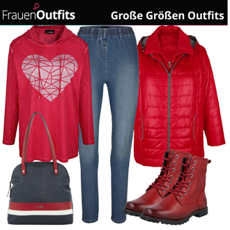 Outfit mit Rot/Dunkelrot Schnürstiefelette/Springerstiefel/Klassischer Stiefel/Biker Boot/Flache Stiefelette/Gefütterte Stiefelette/Lederjacke Dockers by Gerli "Perfekt Für Mollige"