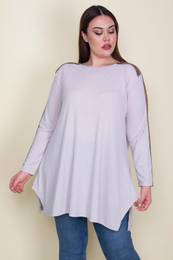 ans Women's Large Size Stone Shoulders And Sleeves Sequin Detailed Tunic With Side Slits