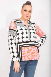 ans Women's Colorful Plus Size V-Neck Cuffed Woven Viscose Fabric Blouse