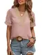 Zeagoo Bluse Oberteile Damen [Rosa] mit Spitzen Kurzärmel Shirt V-Ausschnitt Blusen Puffärmeln Top für Damen Schweizer Punkten Chiffon Blusen & Tuniken Blusenshirt Hemden Frauen Partywear M