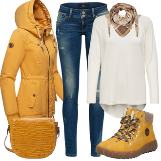 Turistika Outfit s Žlutá/Hnědá Zimní bota/Teniska Zimní Tenisky/Trekingová Bota/Šněrovací Kozačka Rieker "Vkusný podzimní outfit"Look: Trekking, Turistika, Bruslení, Apres ski