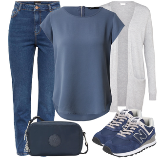 Outfit mit Grau/DunkelBlau/Blau Hemdbluse/Kurzarm Hemd/Casual Hemd/Businesshemd/Kurzarmbluse/Bluse mit Stehkragen/Kurzarm-Tunika/Tuniken-Shirt/Bluse Oberteil/Lederjacke Only "Sommerliches Freizeit Outfit"