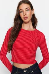 Red Striped Slim Crop Crew Neck Ribbed Flexible Knitted Blouse