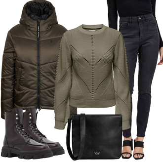 Zima Outfit s Tmavě modrá/Černá/Tmavě šedá Džíny Kožená bunda/Zužující se Džíny/Motorkářské Džíny/Džíny s Rozparkem/High Waist Džínové Kalhoty/Zimní bunda/Kožené Boty/Push up Džín/Termální Džíny/Slim Fit Džíny orsay "Outfity na zimu"