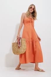 Women's Cantaloupe Linen Dress with Adjustable Straps and Gabardine at Back
