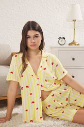 Yellow Striped and Strawberry Patterned Viscose Woven Pajama Set