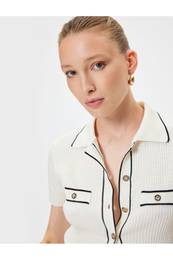 Polo Collar Knitwear Sweater Short Sleeve Buttoned Flap Pocket Detail