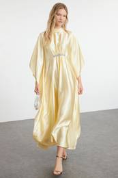 Yellow Accessory Detail Satin Woven Evening Dress Kaftan Jalabiya