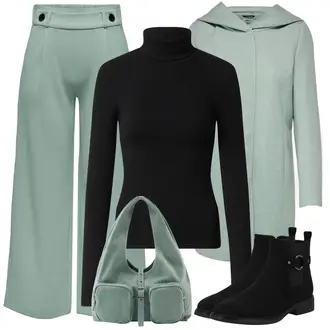 Kratka Outfit sa Crna ljetna gležnjača/Kožna Jakna/Chelsea Gležnjača/Ravna Gležnjača About You "Zimski outfit"