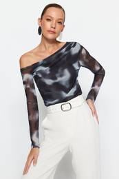 Anthracite Tulle Fitted/Fits on the Body Lined Asymmetrical Collar Blouse