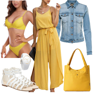 Romantisch Outfit mit Gelb/Grün Körper Body ohne Bügel/Wäsche-Set/Dessous-Set Aus Spitze/BH Slip Set/BH-Slip Set mit Bügel SHEKINI "Outfit für den Sommer"Look: Sexy, Nahtlos, Babydoll, Disco, Romantisch