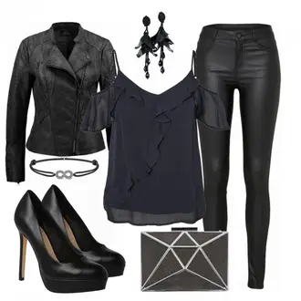 Party Outfits mit Schwarz/Weiß Lederjacke/Lederimitathose/Lederlegging/Leggings Lederoptik/Lederhose/Skinny Hose/Treggings/Biker Jeans/Thermojeans Vila "AllBlack"