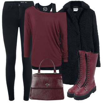 Outfit mit Schwarz/Dunkelgrau/Dunkelblau Bouclé Mantel/Pelzmantel/Teddy Mantel/Strickfleece Mantel/Strickmantel Noisy may "Freizeit Outfit"