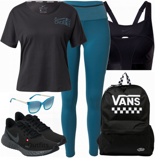 Sport Outfits mit Schwarz Bh Nike, Blau Sport-T-Shirt Nike, Schwarz Sportschuh Nike "Sport Outfit"