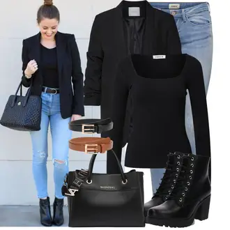 Outfit mit Hellblau/Blau Jeans Lederjacke/Jeans mit Schlitz/Jeans mit Loch/Low Rise Jean/Low Waist Jean/Push up Jeans/Cuir Chaussures Only "Cooler Look für den Frühling"