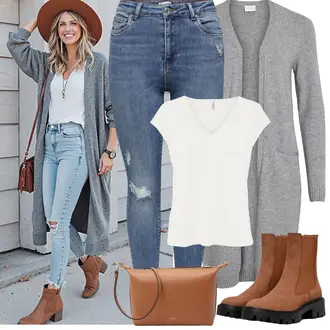 Outfit sa Tamnosiva/Svjetlosiva/Siva Pletivo Veći Broj/Haljina Veći Broj/Kaput/Tunika Vila "Proljetni Outfit"
