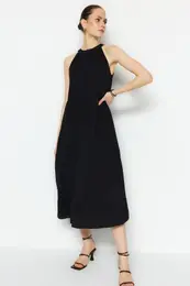 Black Wide Cut Woven Halter Neck Maxi Woven Dress
