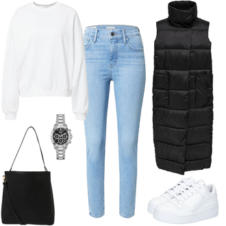 Sportlich Outfit mit Weiß/Creme Sport Sweatshirt/Women's Fleece Sweatshirts/Lederjacke weekday "Sportlicher Alltagslook"Look: Uni, Rad, Hip Hop, Oversize, Skater, Unisex, Sportlich