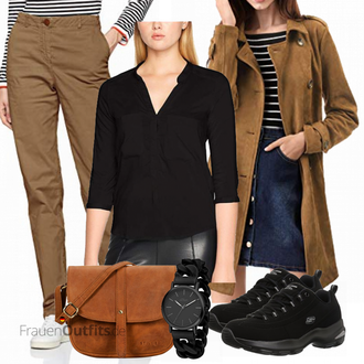 Outfit mit Schwarz/Grau/Dunkelgrau Lederjacke/Klassische Tunika/Schlupfbluse/Bluse Mit Knopf/Tuniken-Shirt/3/4 Bluse VERO MODA "Skechers"
