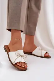 PS1 Flat Sole Slippers With Decorative Bow White Deonelis