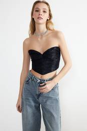 Navy Blue Crop Shiny Knitted Bustier