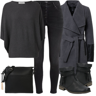 Winter Outfits mit Schwarz/Grau/Dunkelgrau Strick Große/Klassische Tunika/Lederjacke/Oversize Bluse/Tuniken-Shirt/Shirt & Top Große Größe/Tunika/Pullover Mit Fledermausärmel/Kaschmir Pullover JdY "Cooles Winter Outfit"