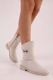 Women's Mayslie Beige Suede Buckled Flat Heeled Boots Beige Suede.