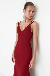 Evening Dress With Claret Red Collar Detailed Long Evening Dress