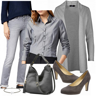 Outfit mit Grau/Dunkelgrau Bluse mit Stehkragen/Bluse Mit Ellen­bogen-patch/LangarmBluse/Bluse Mit Knopf/Business Bluse/Bügelfreie Bluse Seidensticker "Gabor"