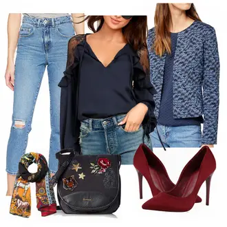 Outfit mit Schwarz Schultertasche Desigual, Schwarz Schal Desigual "Tom Tailor Blazer"